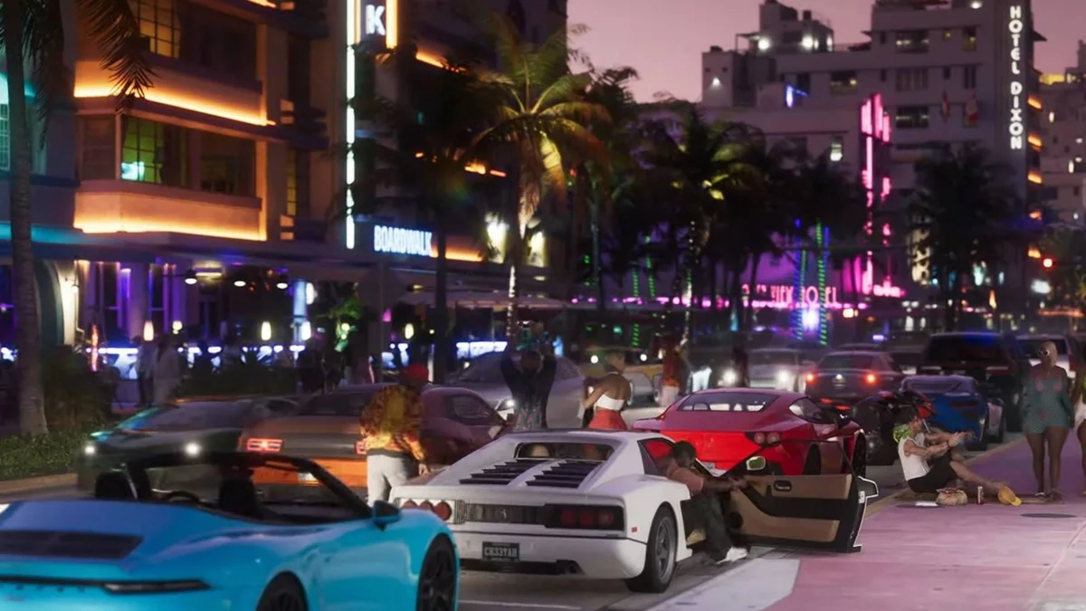 Police helicopter spotlight scanning a neon Vice City street at night